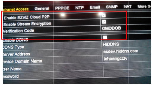 Hướng dẫn cài đặt: Bước 1: Cài đặt mạng -Kết nối thiết bịvới internet qua Router. Bước 2:kích hoạt tính năng điện toán đám mây -Vào “Extranet Access”,kích hoạt tính năng “ezviz cloud” và“StreamEncryption”, và nhập 6ký tựvào mục “Verification Code” ( Lưu ý: chỉ nhập được chữvà mã nàydùng đểxác nhận khigán thiết bị)